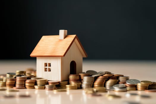 A small house sitting on a pile of coins