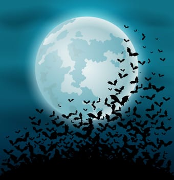 Halloween night background with bat and full moon