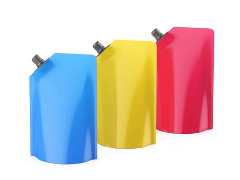 Row with three stand-up pouches with different colors