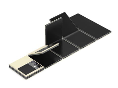 Row of five foldable smartphones on white background