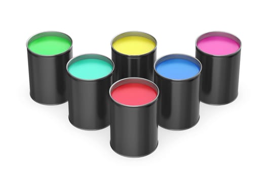 Group of paint cans with different colors