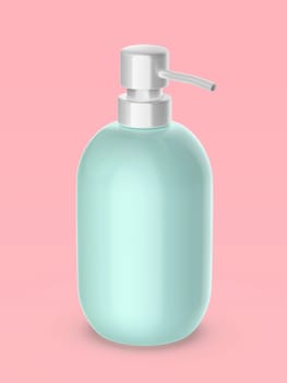 Shiny liquid soap dispenser on pink background