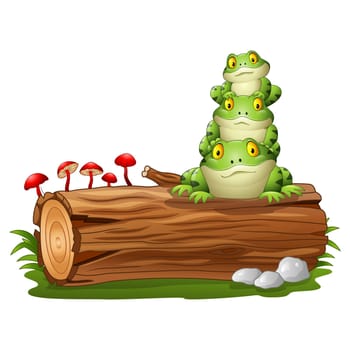 Cartoon frog stacked on tree log