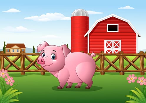 Cartoon pig in the farm background
