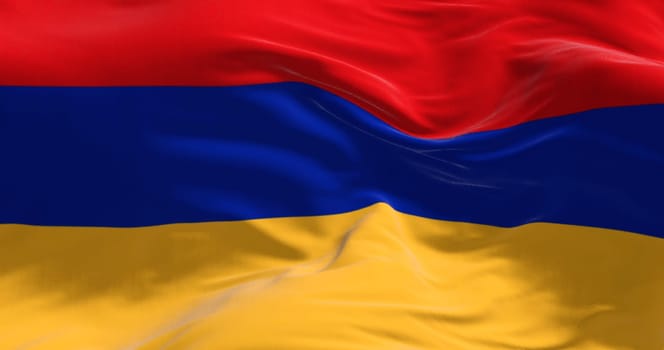 Close-up of the national flag of Armenia waving in the wind. Three horizontal bands in red, blue and apricot. 3d illustration render. Rippled fabric background