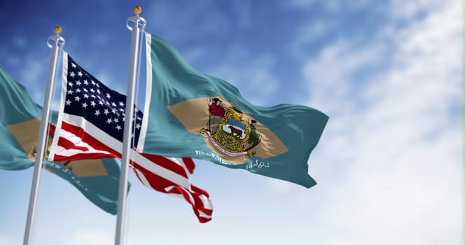 Two Delaware state flags waving with the National flag of the United States in the middle on a clear day. 3d illustration render. Fluttering fabric. Selective focus