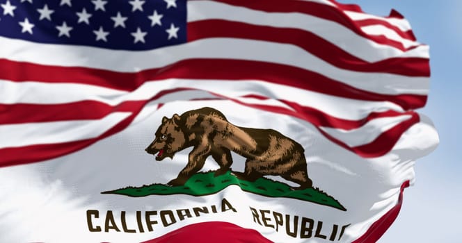 California state flag and the American flag waving in the wind, featuring a brown bear and the words “California Republic”. 3d illustration render. Fluttering fabric. Selective focus