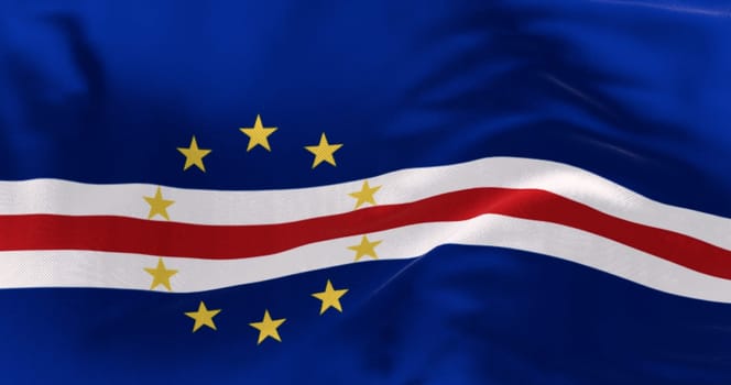 Close-up of the national flag of Cape Verde waving in the wind. Blue, white, and red bands with ten yellow stars representing the main islands. 3d illustration render. Fluttering fabric background