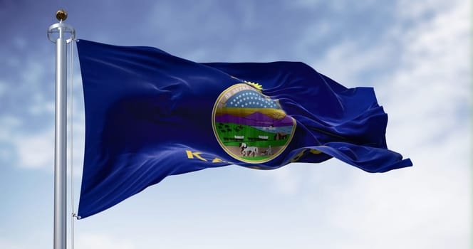 Kansas state flag waving in the wind on a clear day. Kansas is a state in the Midwestern United States. 3d illustration render. Rippled Fabric.
