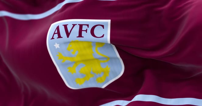 Birmingham, UK, July 20 2023: Close-up of Aston Villa Football Club flag waving. Aston Villa is a english professional football club. Illustrative editorial 3d illustration render. Close-up