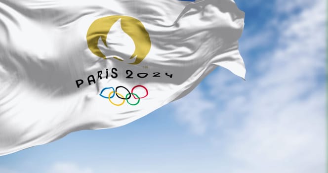 Paris, FR, May 23 2023: the flag of Paris 2024 Olympics Games waving in the wind. Upcoming international sporting event. Illustrative editorial 3d illustration render.