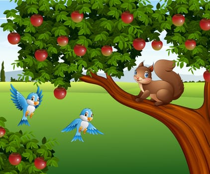 illustration of Cute squirrel on the apple tree