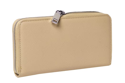 Fashionable beige womens wallet or purse isolated on a white background. Female trendy accessories. Woman's hand bag.