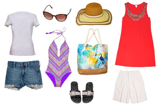 Collage set of girl beach summer clothes isolated on white. Female woman apparel collection. Women fashion clothing outfit. Colorful stylish beachwear.
