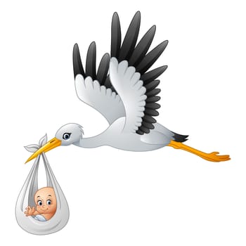 Cartoon stork with baby