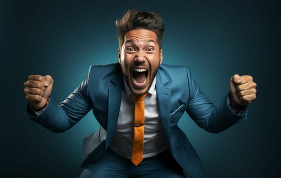 Excited businessman celebrating success keeping mouth open spreading hands isolated on solid color background studio portrait. Generative AI.