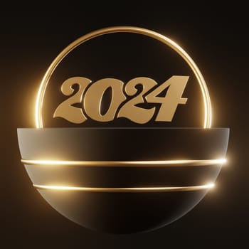 Golden 2024 on a black background with golden decoration, New Years concept image, 3d rendering