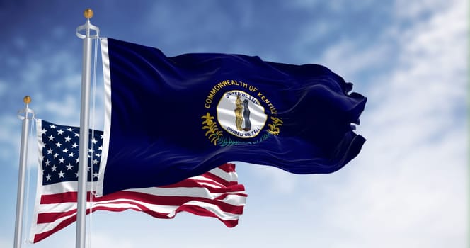 Flags of Kentucky and the United States waving in the wind on a clear day. Southeastern state of the United States. Democracy and identity. 3d illustration render. Fluttering fabric.