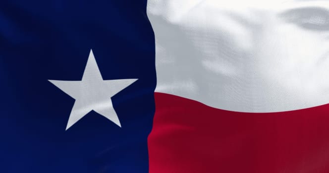 Close-up of Texas state flag waving in the wind. Blue vertical stripe with white star, white and red horizontal stripes. 3D illustration render. Close-up. Fluttering fabric background