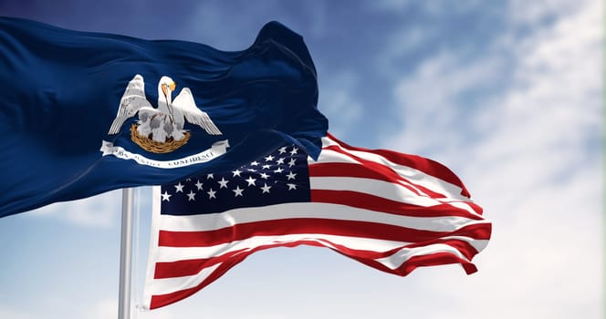 Louisiana state flag waving with the national flag of the United States on a clear day. 3d illustration render. Fluttering fabric. Selective focus