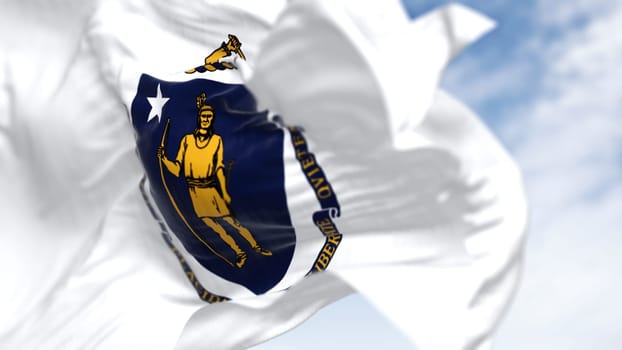 Close-up of Massachusetts state flag waving. State coat of arms on white background  depicts Algonquin for peace, white star for state's admission to Union. 3D illustration render. Selective focus.