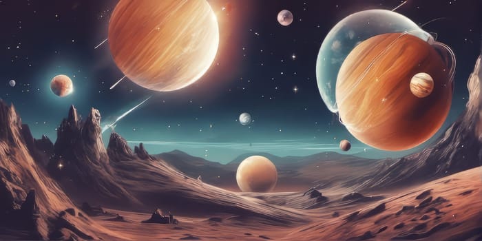 A virtual scene on a planet in space with other Planets and a lot of stars - KI generated content