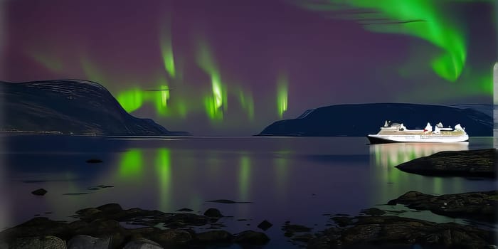 A fjord in Norway with aurora borealis at night,  with a passenger ship in the foreground -  illustration - virtual graphic - Ai generated content