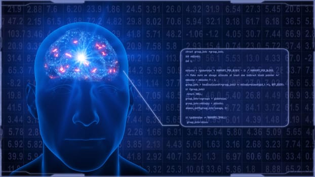 The human thought process in the cerebral cortex next to the program code. 3D rendering.