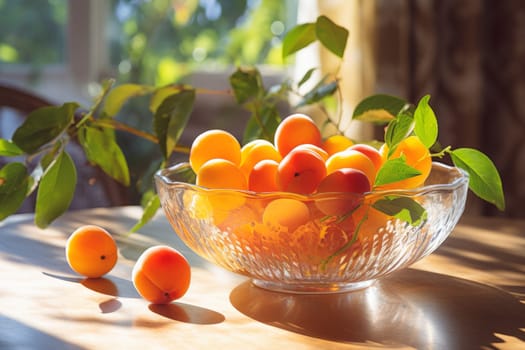 Fresh apricots in fruit crystal bowl on a table in the kitchen backlit by warm sunlight. Green leaves around. Bowl full ripe juicy apricots on the wooden table. Natural sweet dessert. Healthy diet. Rustic style