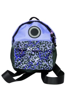 Closeup of a colorful blue comfortable school backpack isolated on a white background. Concept back to school. Macro.