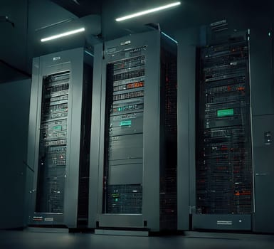 Hi-tech data storage server rack, cloud computing design. Generative AI technology