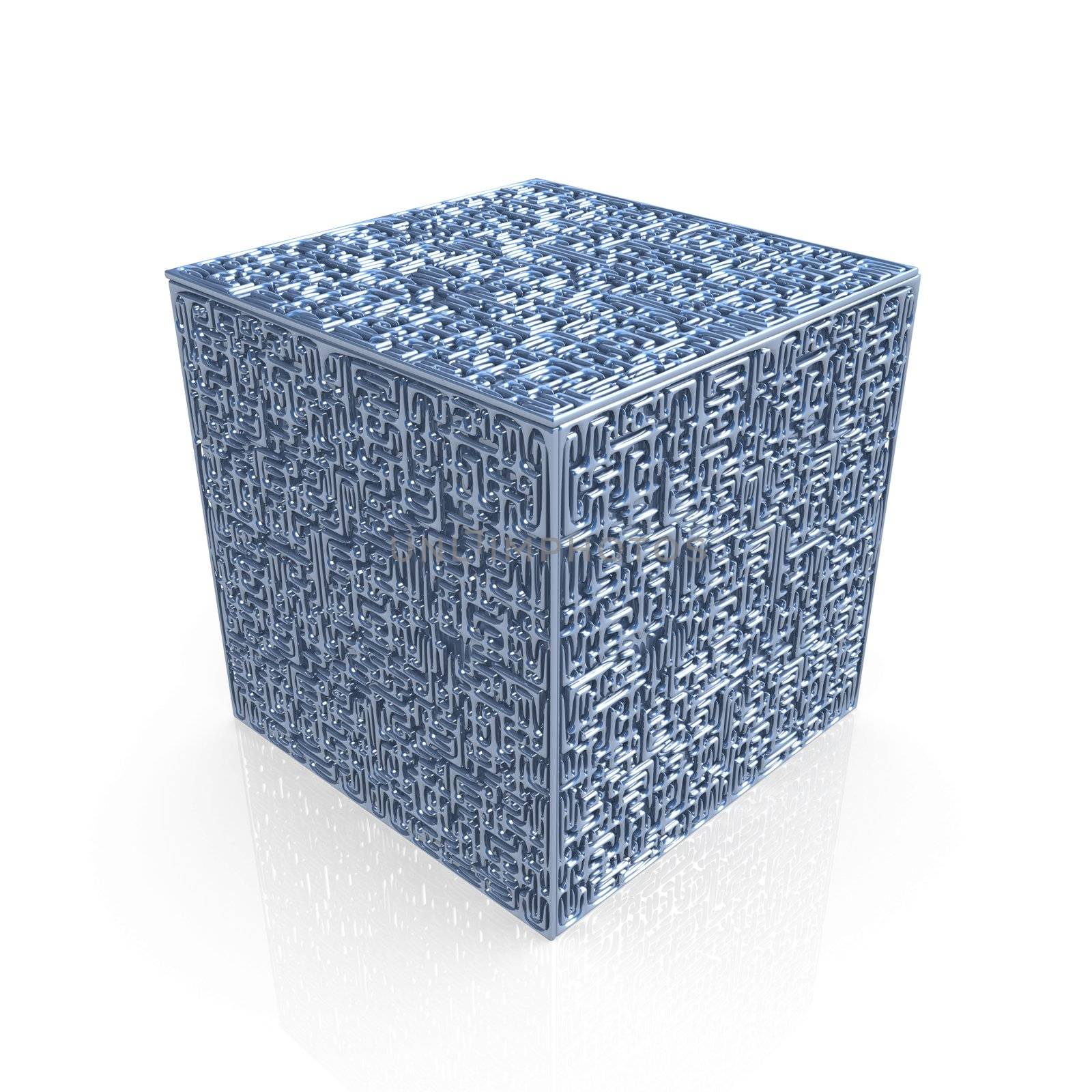 Computer generated metal maze-cube with great detail.