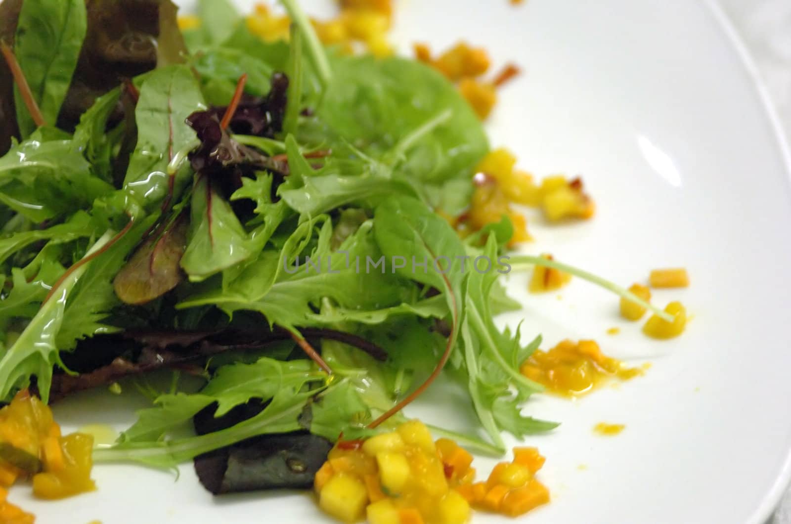 green salad leaves with mango concassee