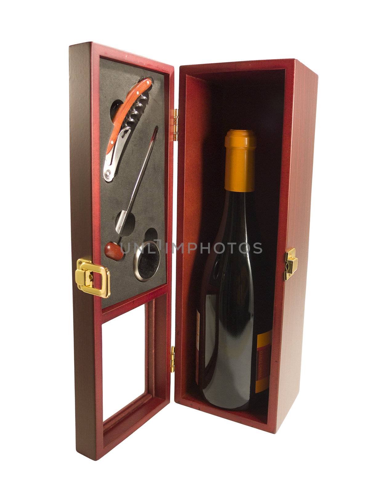 Gift of a bottle of win and wood box isolated on white