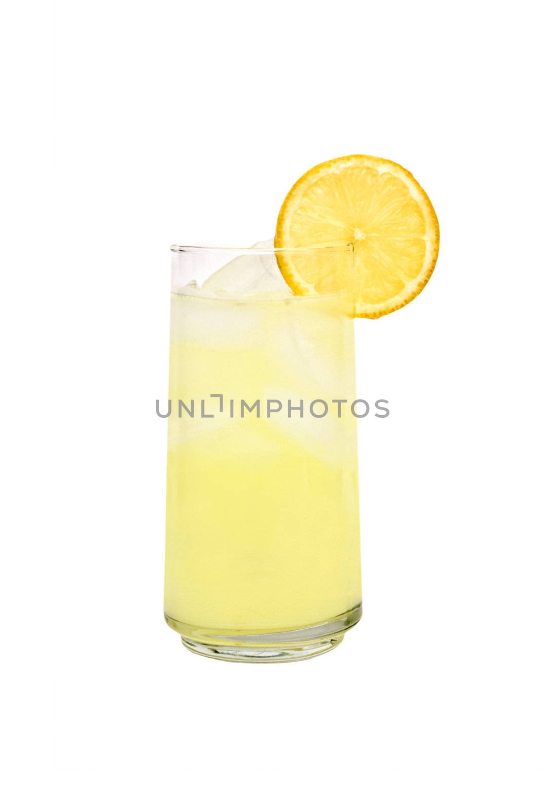 Glass of fresh made lemonade with a slice of lemon isolated on a white background.
