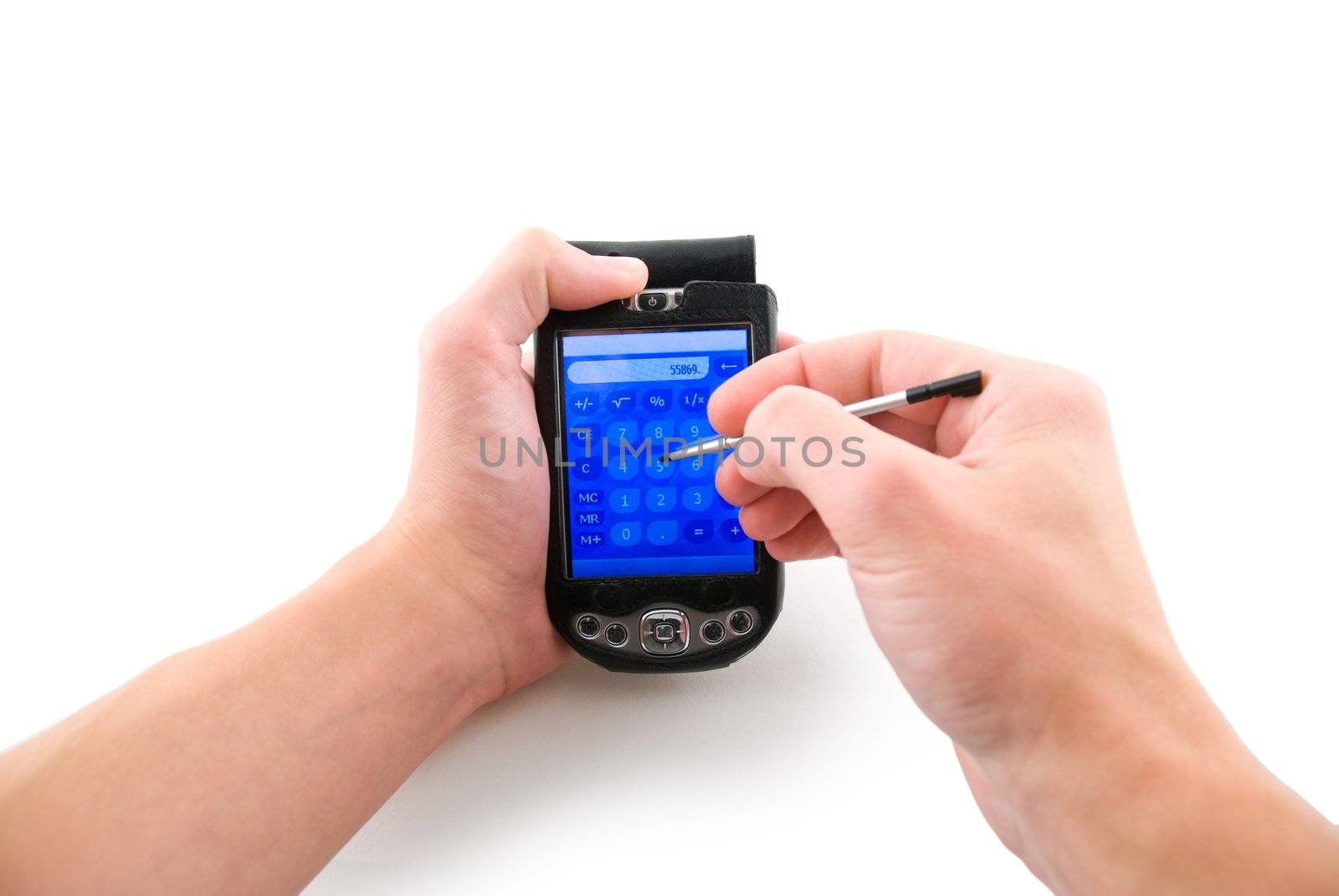 Handheld computer in hands, isolated white