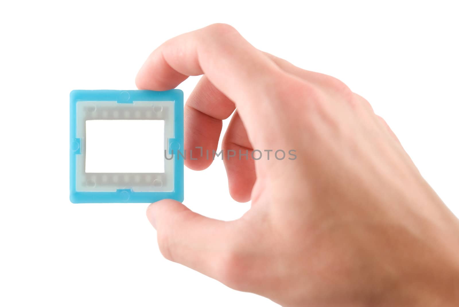 Slide frame in hand, isolated white