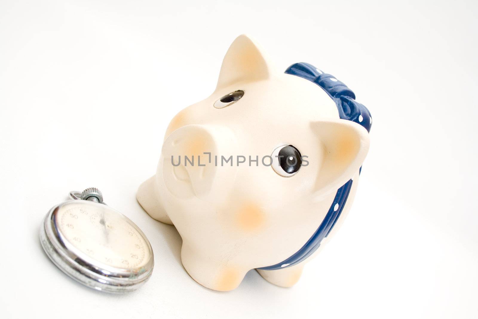 Cute piggy bank with a stopwatch isolated on white background.