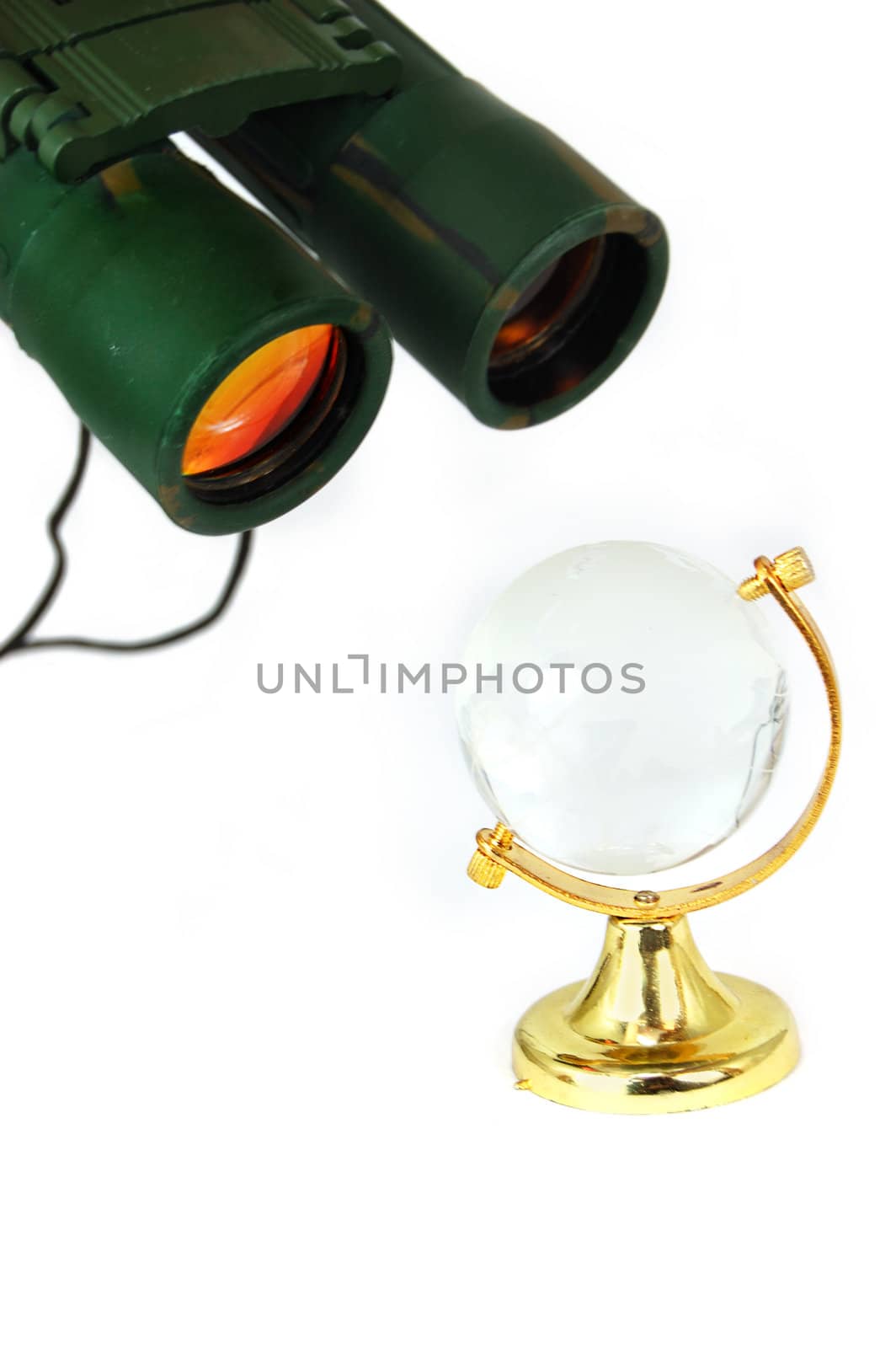 military binoculars directed on globe, isolated on white
