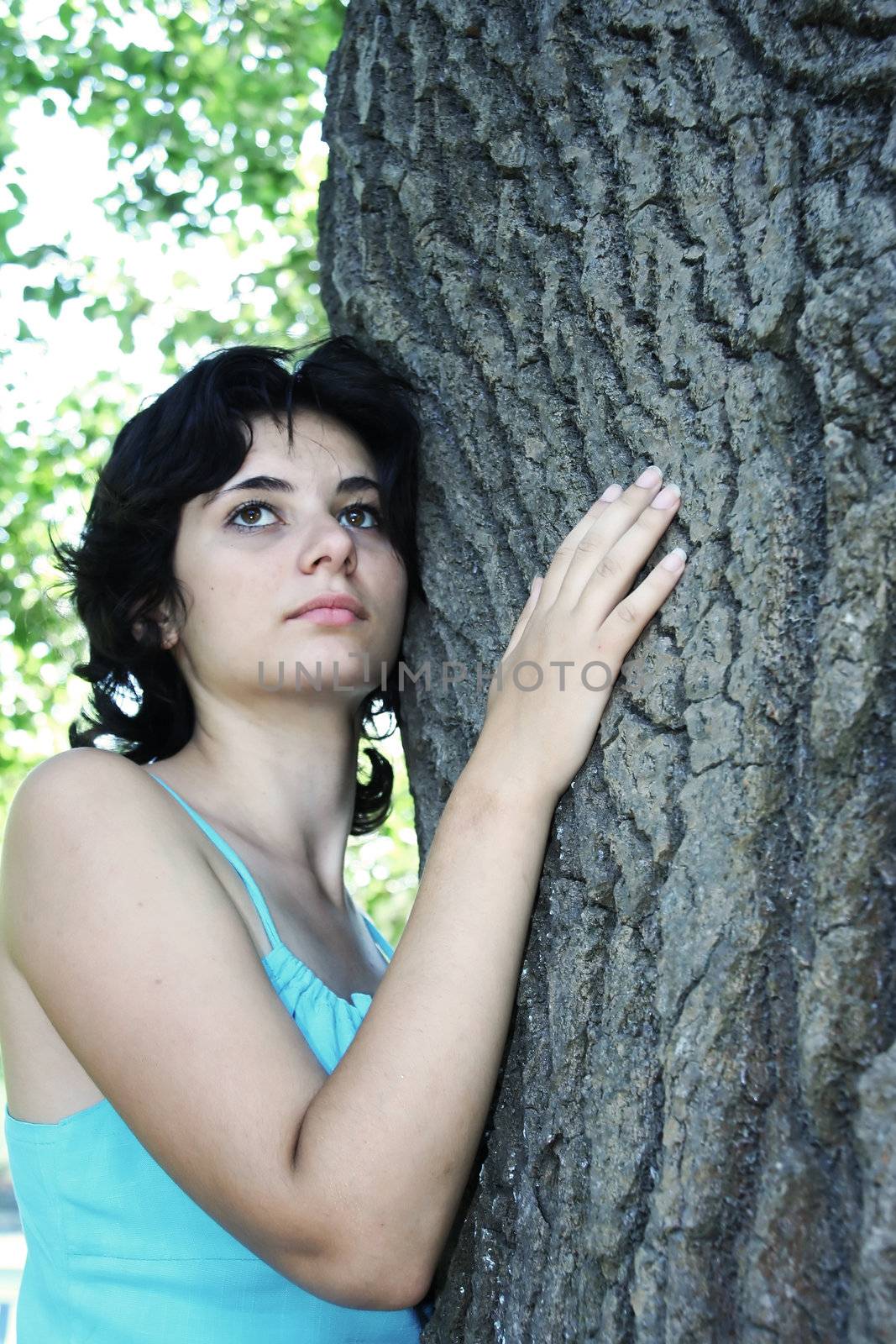 The beautiful girl has embraced a tree