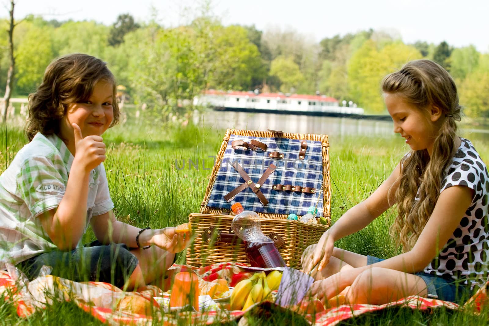 Two children enjoying a picnic in the summer