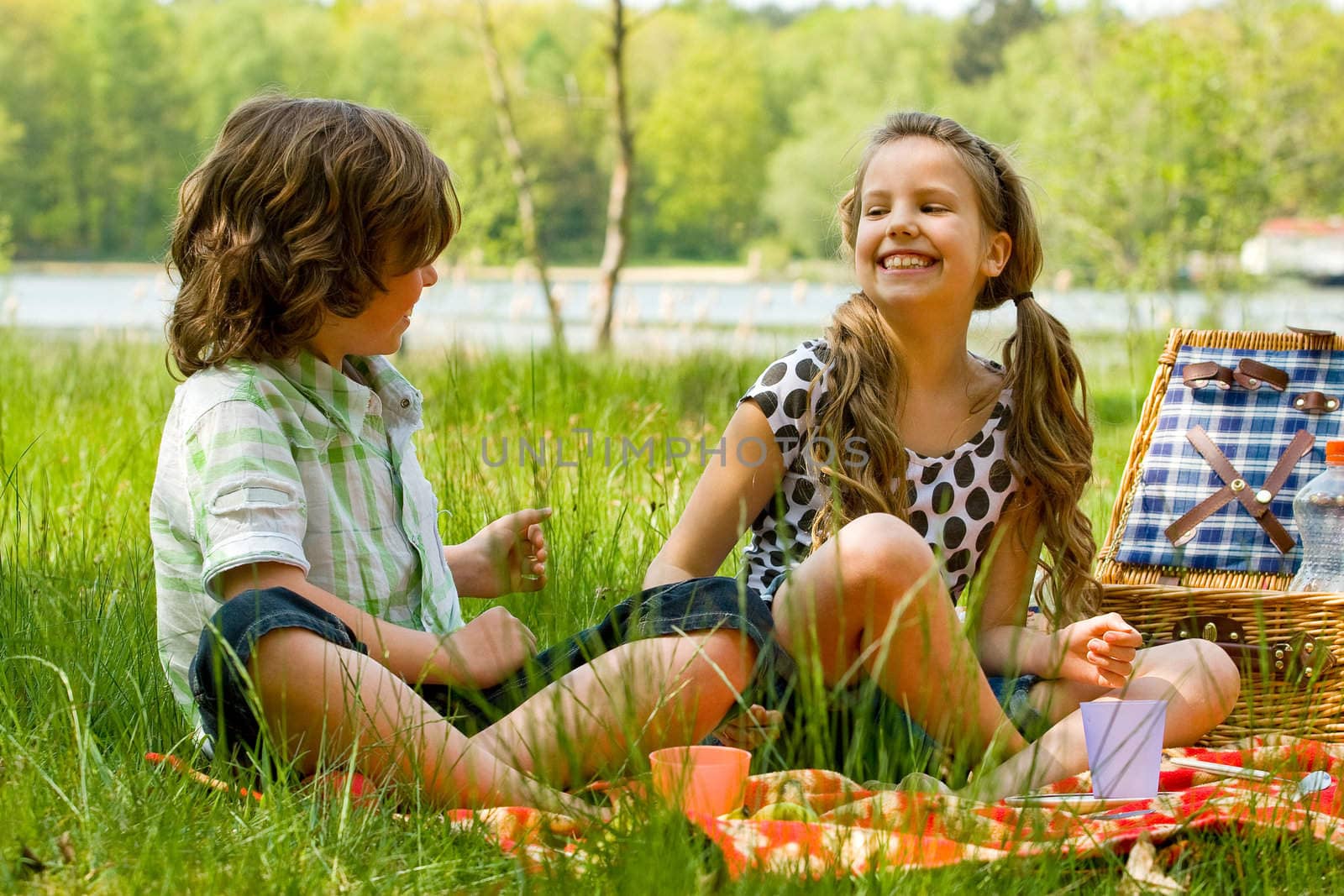 Two children enjoying a picnic in the summer