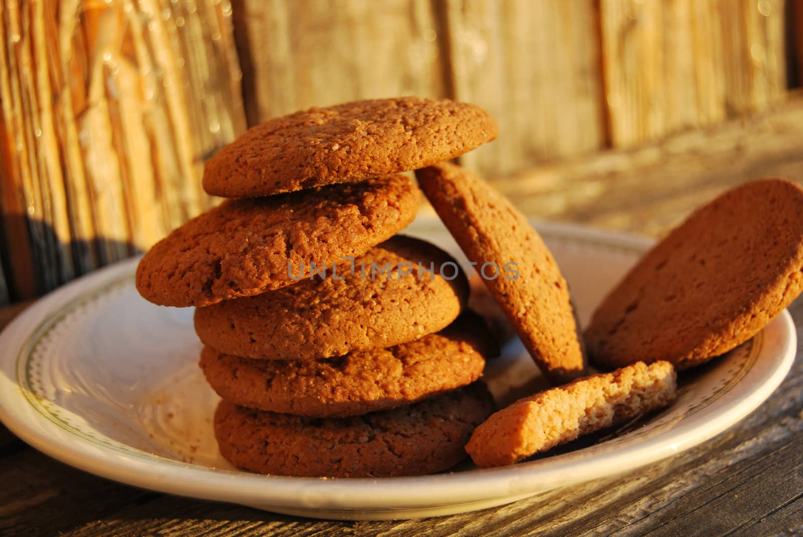 plate with oatmeal cakes in the sunset light