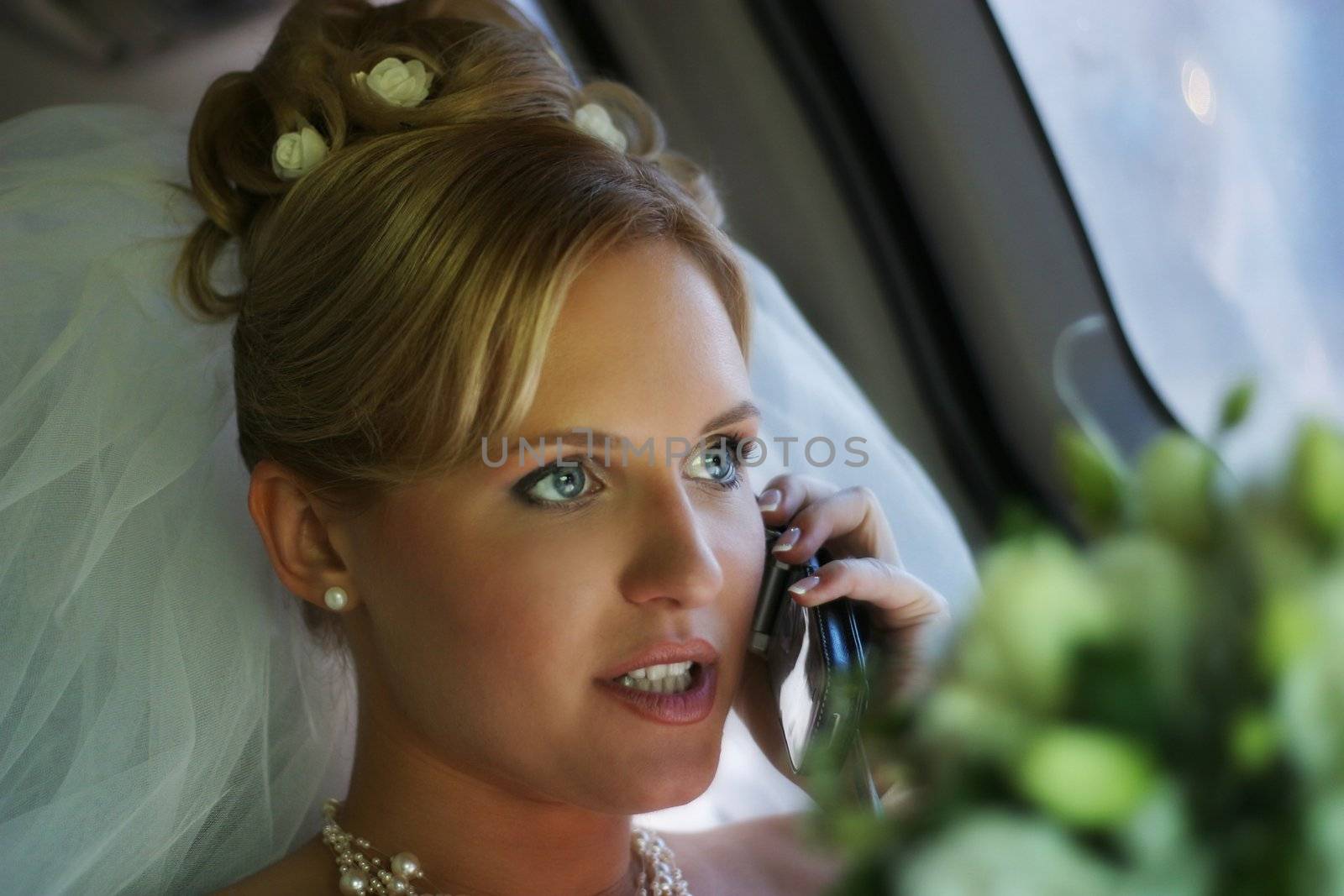The beautiful bride in a car