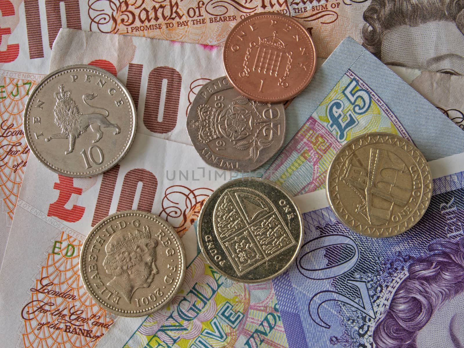 Close up of British currency, notes and coins.