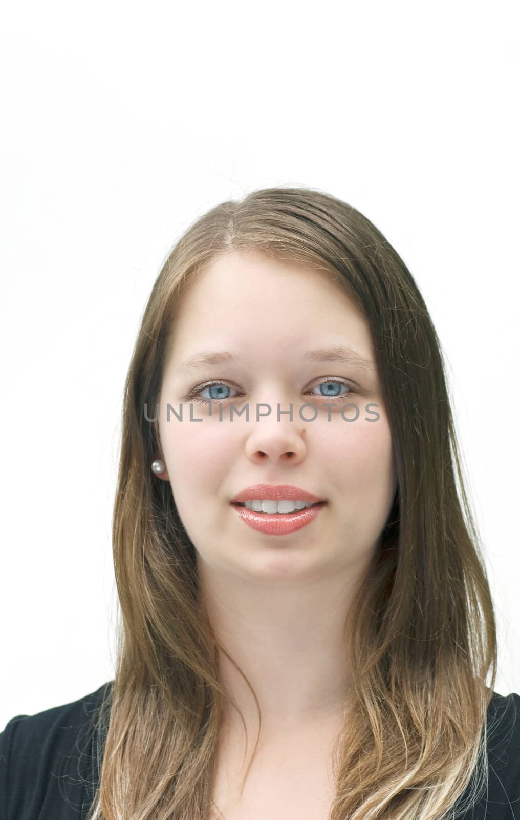 cute young woman prtrait on white background