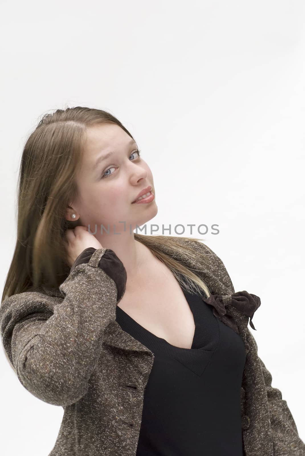 cute young woman portrait on white background
