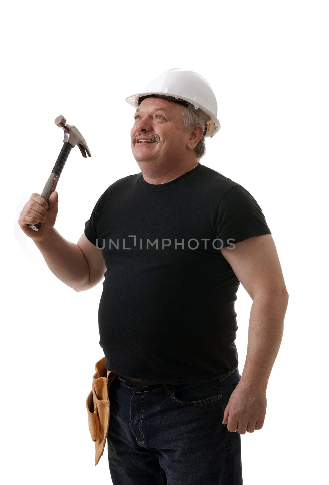 Tradesman holding the hammer portrait on white background
