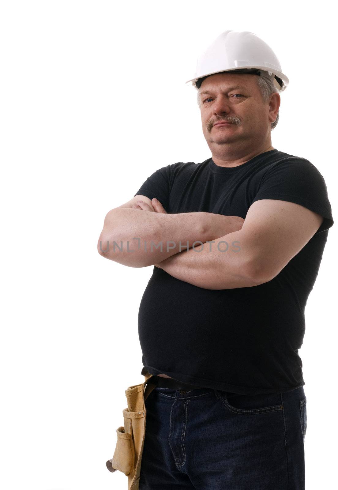 confident contractor watching the job portrait on white background