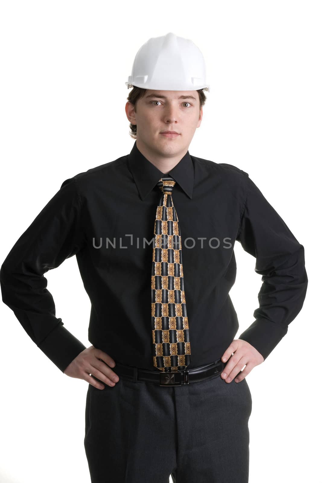 Young and confident construction engineer portrait on white background